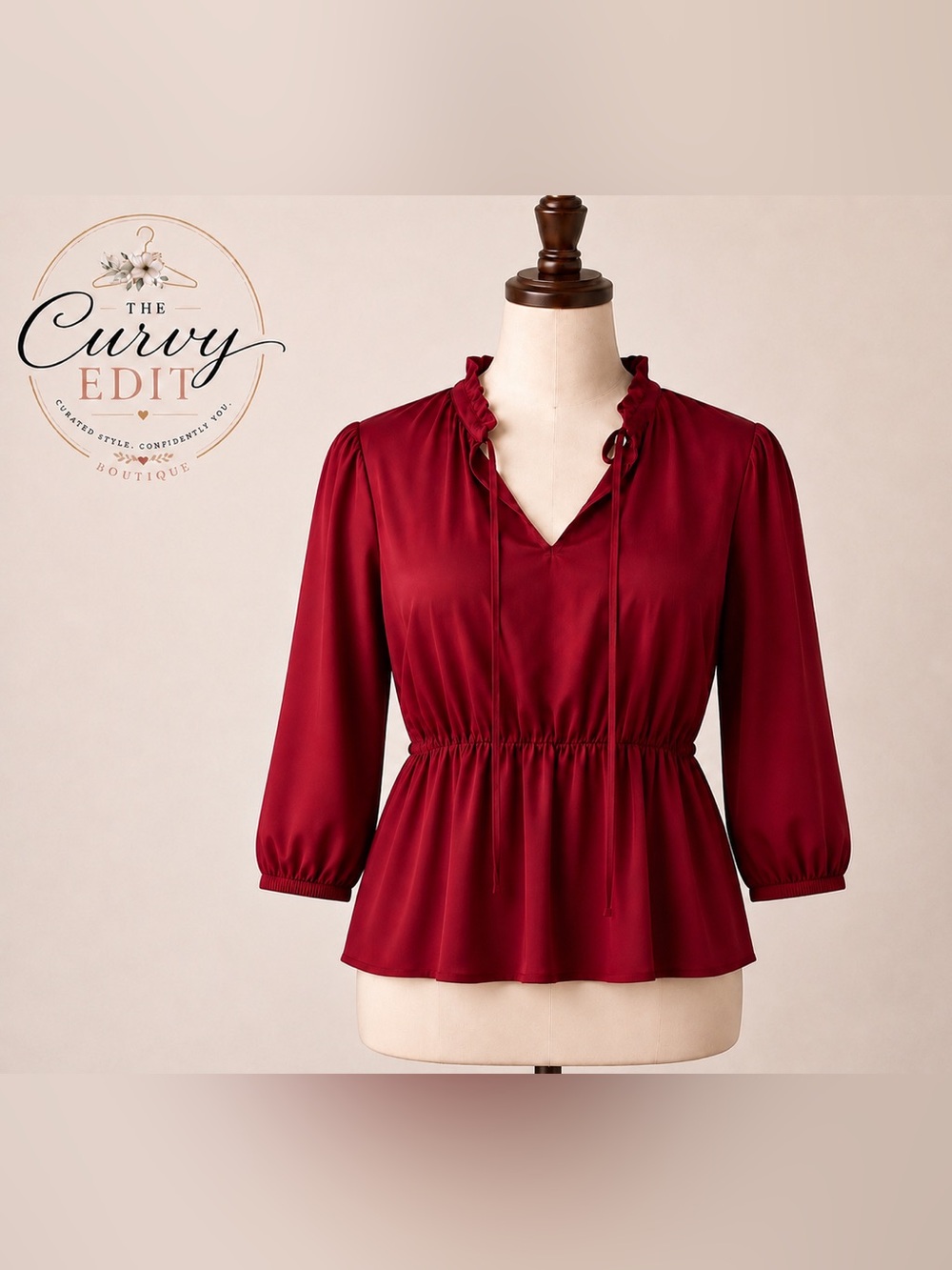 Cicidudu 3XL Red Peplum Blouse Ruffle Neck Balloon Sleeve Career Holiday Chic